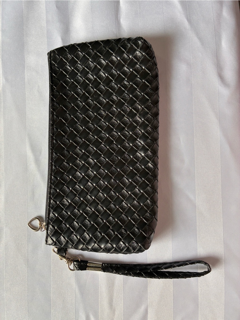 Black Woven Faux Leather Wristlet detachable Zip closure with silver hardware